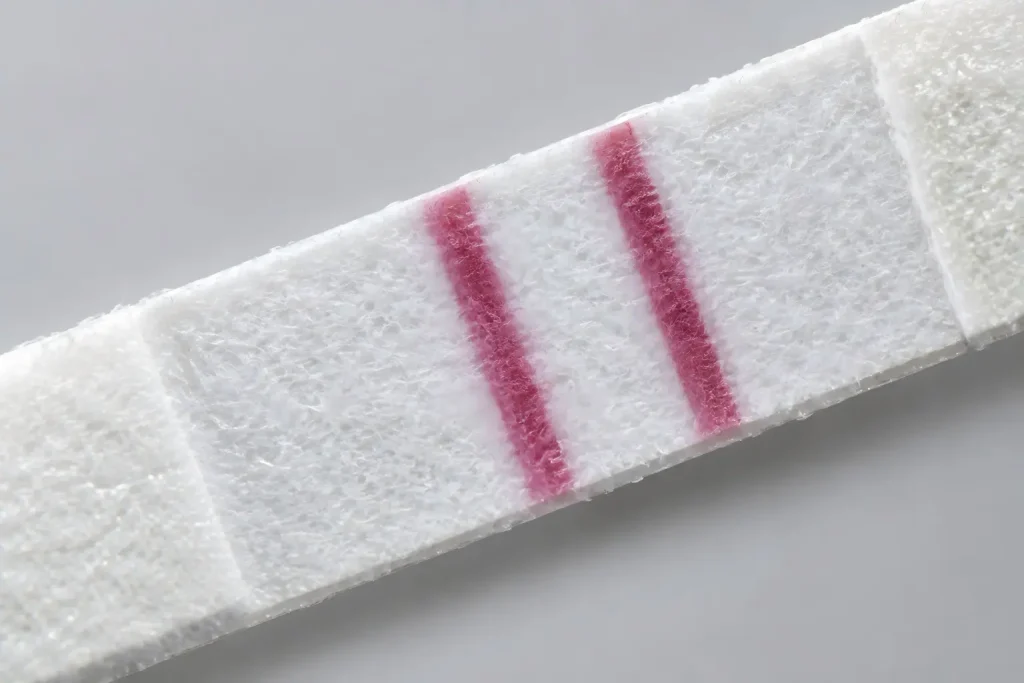 Rapid diagnostic test strip showing positive result with two distinct red lines