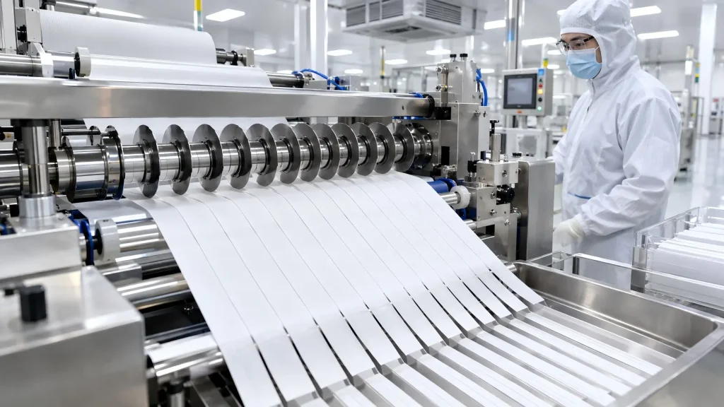Automated slitting machine precisely cutting non-woven fabric rolls in a cleanroom manufacturing facility