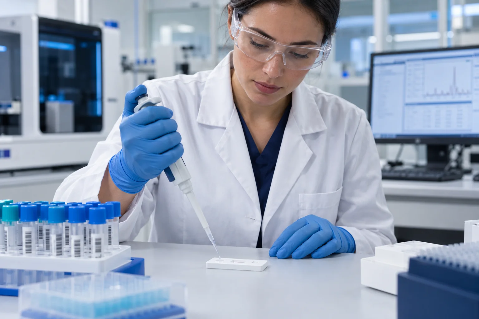 Laboratory specialist validating an HCG cassette rapid diagnostic assay